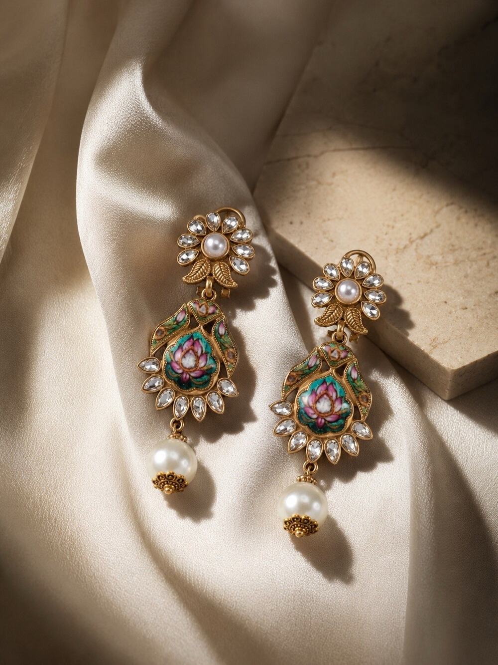 Flower Pearl Lotus Museum Earrings Gold VTG Antique Court Mughal Revival Kundan